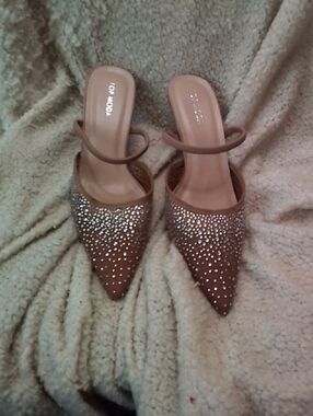 TOP Moda Taupe Pointed-Toe Crystal Strap Mules